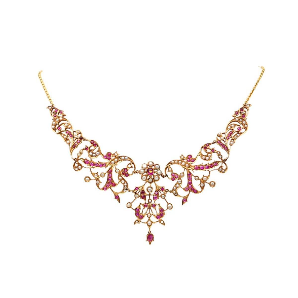 Collier Draperie en or jaune, perles et rubis - Castafiore