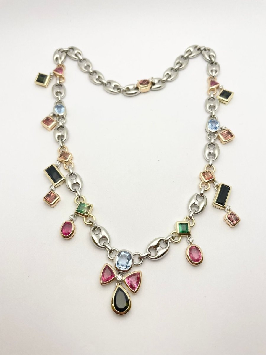 Collier en or 18KT avec diamants, tourmalines et aigues - marines naturelles. - Castafiore