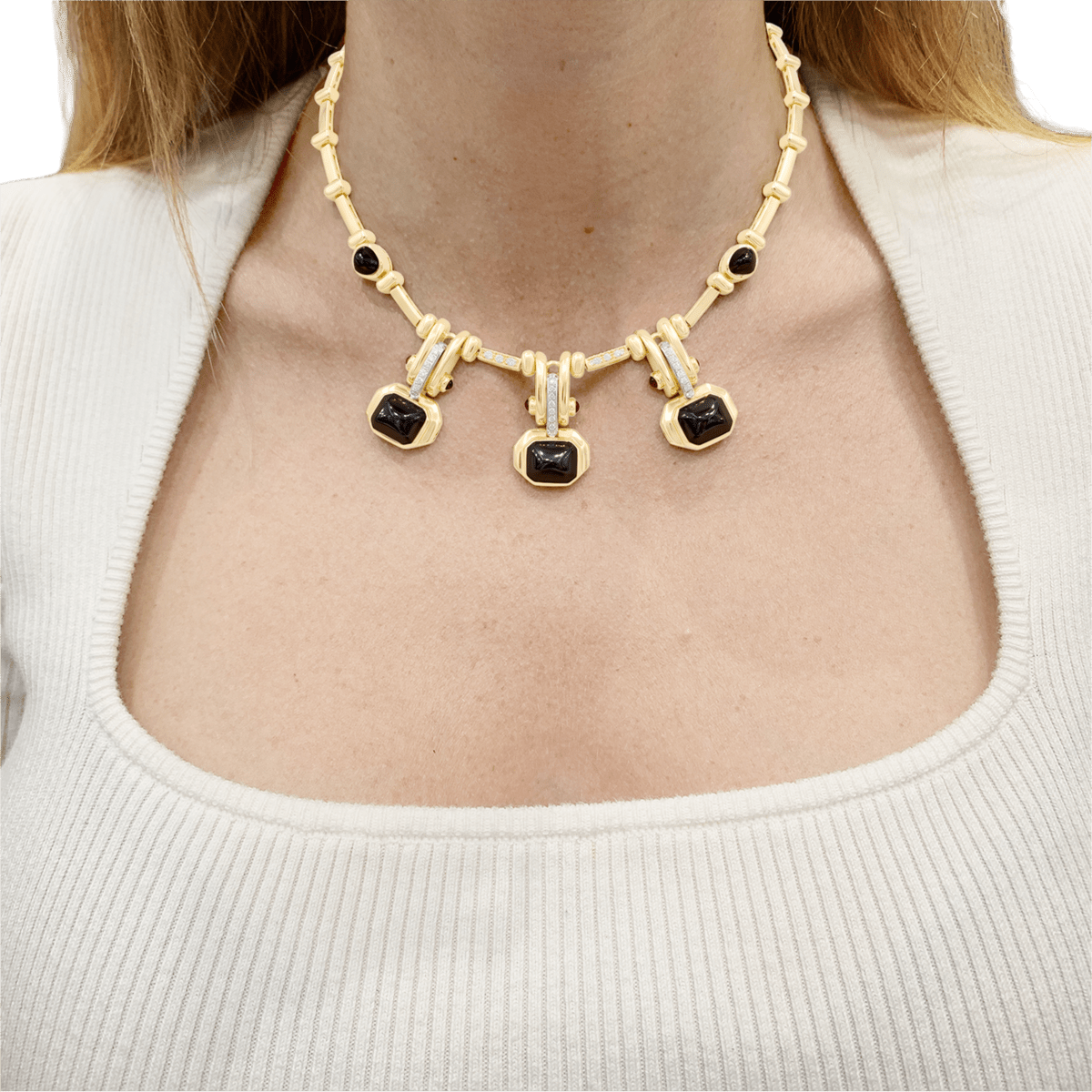 Collier en or jaune, hématites et diamants - Castafiore