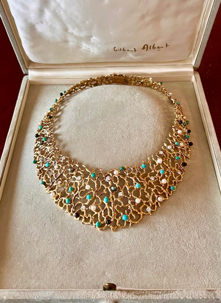 Collier Gilbert Albert Turquoises Diamants Perles Or jaune 18 carats - Castafiore