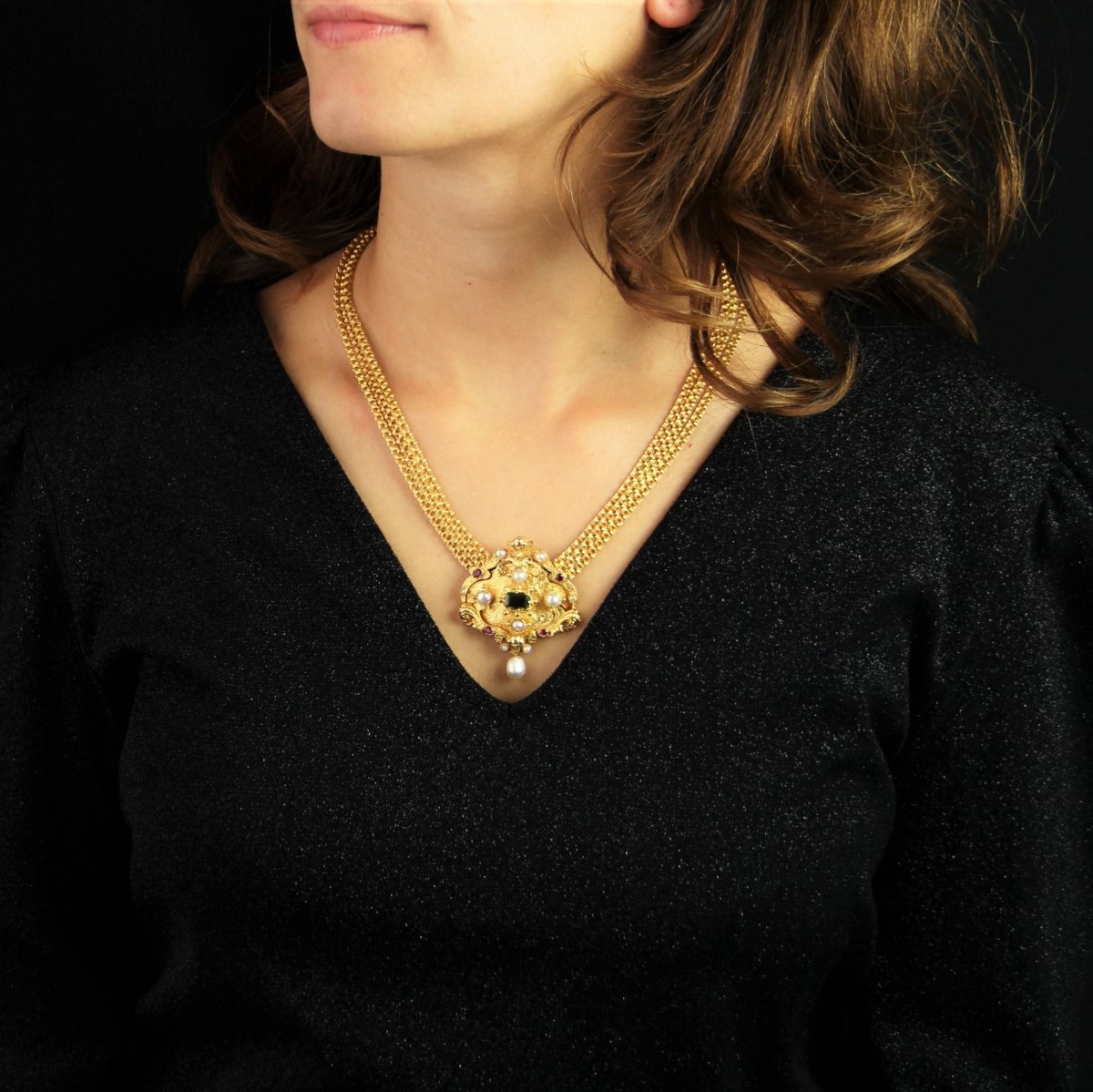 Collier Maille en or jaune, perles, rubis et tourmaline - Castafiore