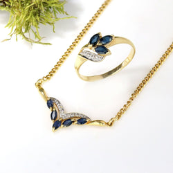 Necklace yellow gold shuttle sapphires diamonds