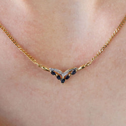Necklace yellow gold shuttle sapphires diamonds