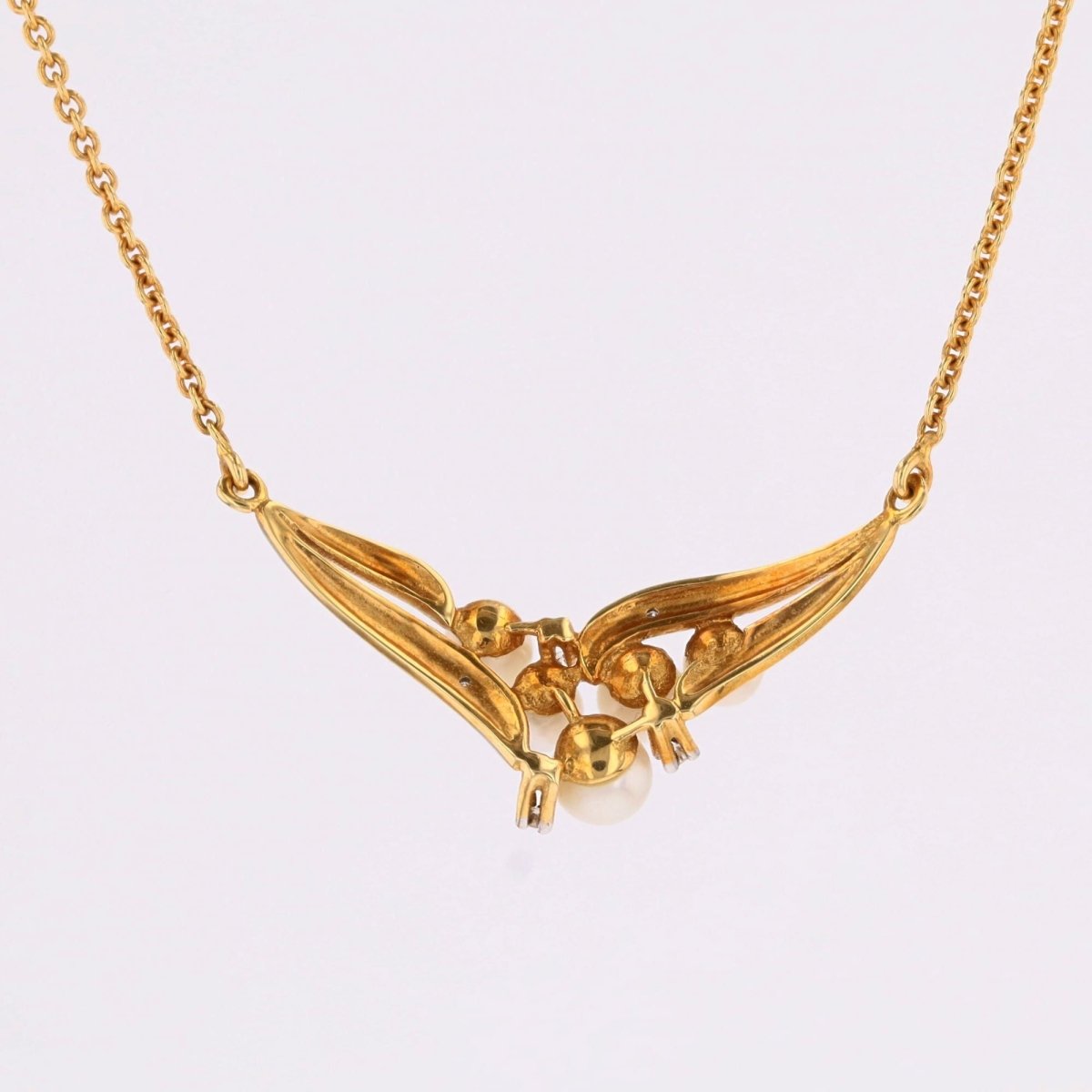 Necklace modern two golds diamonds cultured pearls