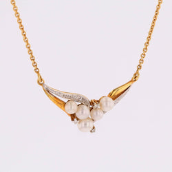 Necklace modern two golds diamonds cultured pearls