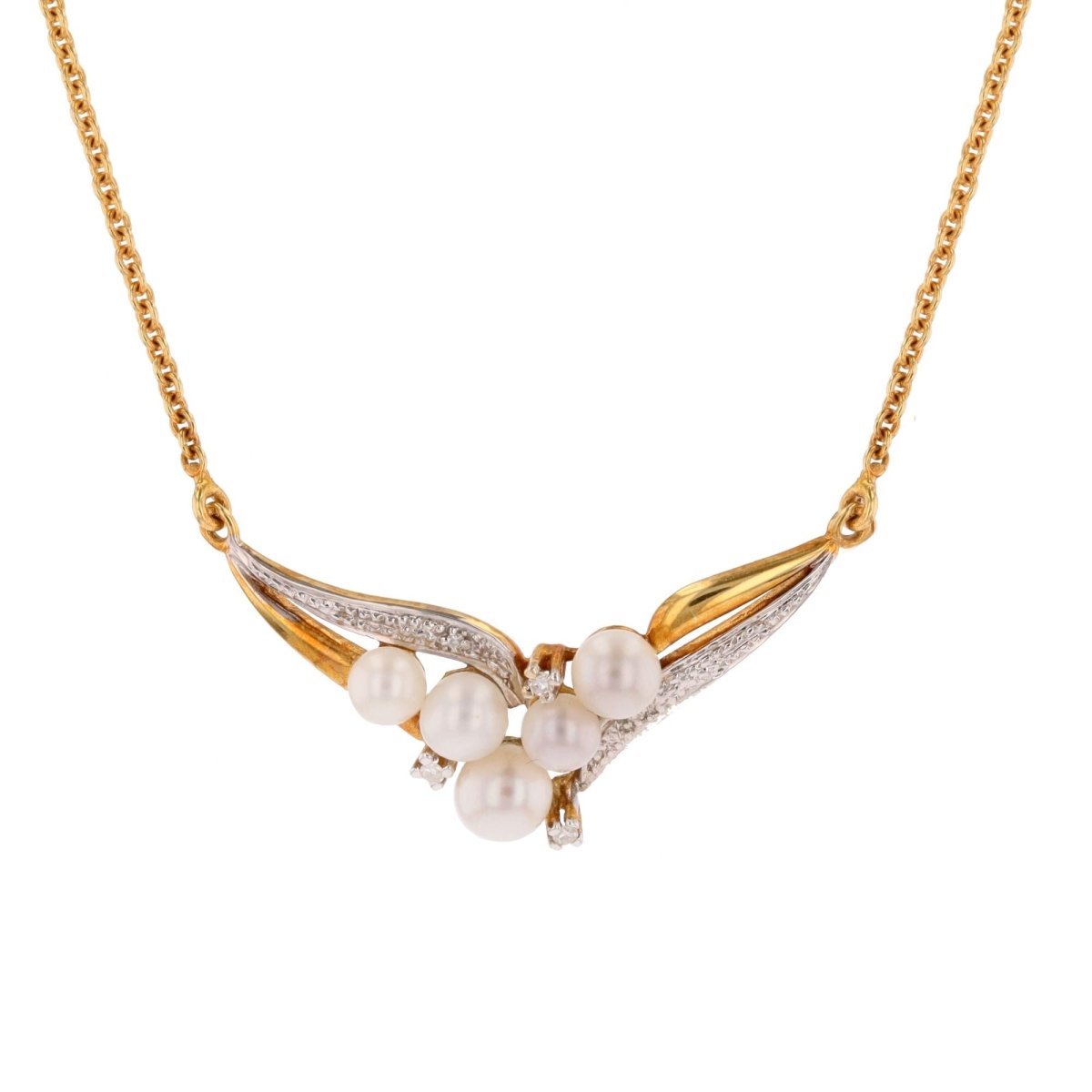 Necklace modern two golds diamonds cultured pearls