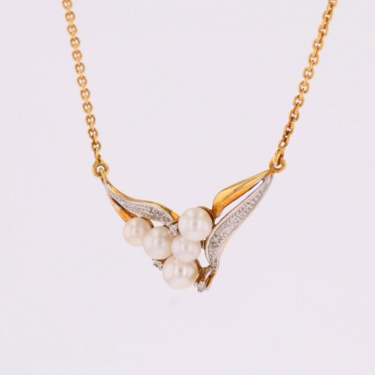 Necklace modern two golds diamonds cultured pearls