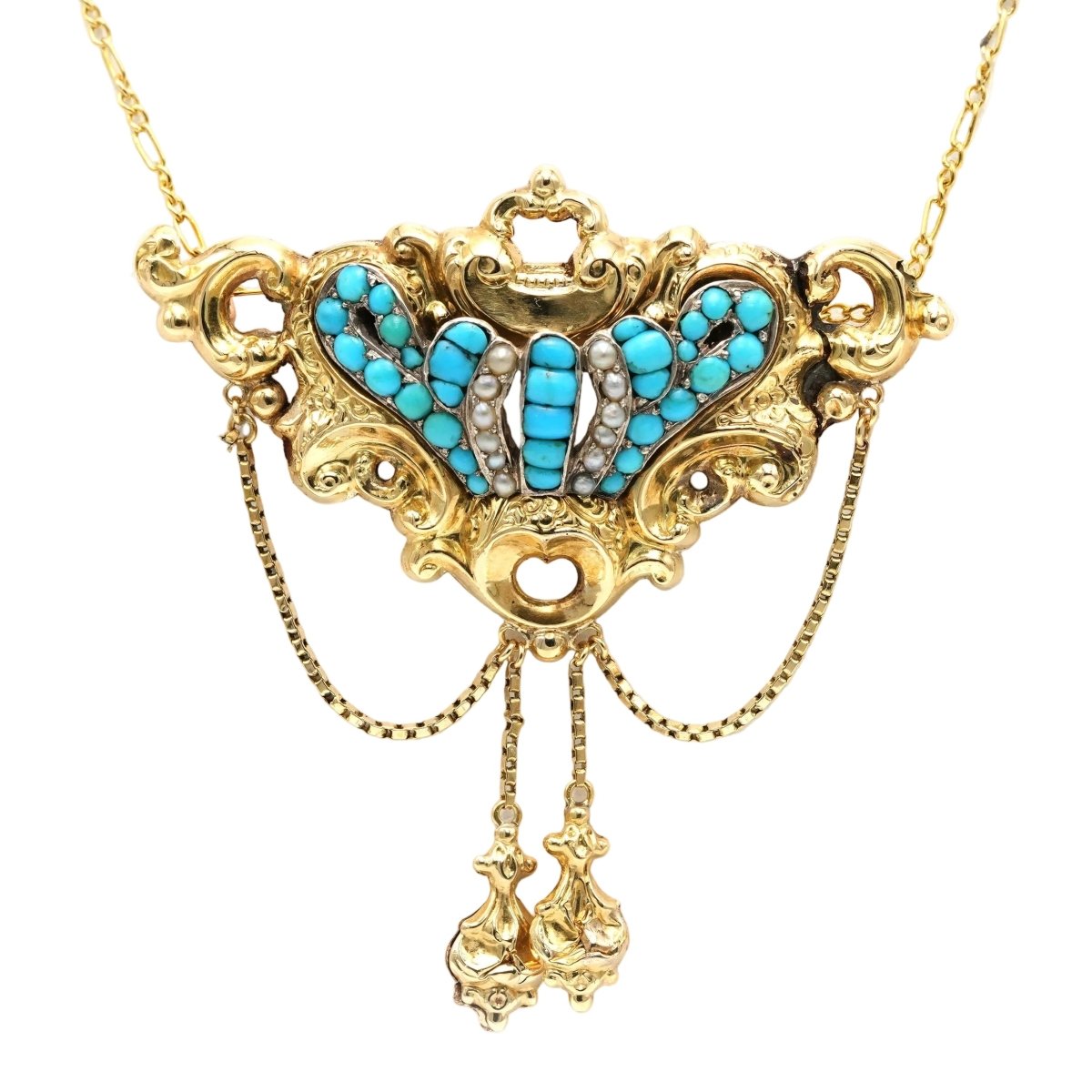 Collier Napoléon III en or jaune, perles et turquoises - Castafiore
