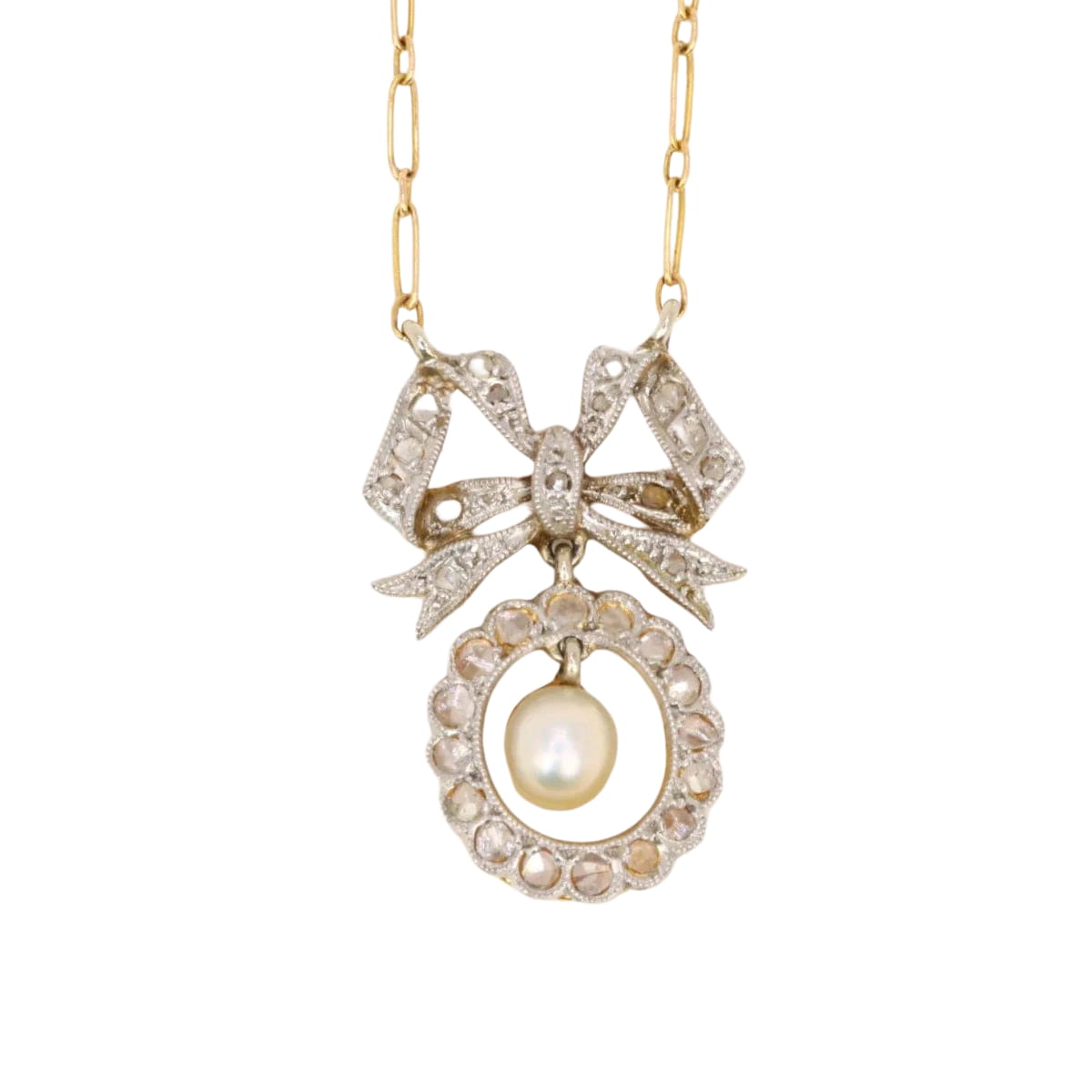Collier noeud Belle Epoque or diamants perle fine - Castafiore