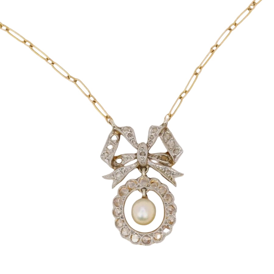 Collier noeud Belle Epoque or diamants perle fine - Castafiore