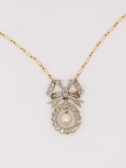Collier noeud Belle Epoque or diamants perle fine - Castafiore