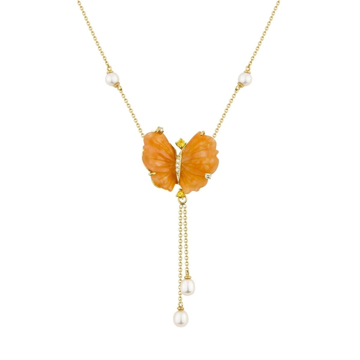 Collier Papillon en or jaune, quartzites pêche tourmalines et diamants - Castafiore