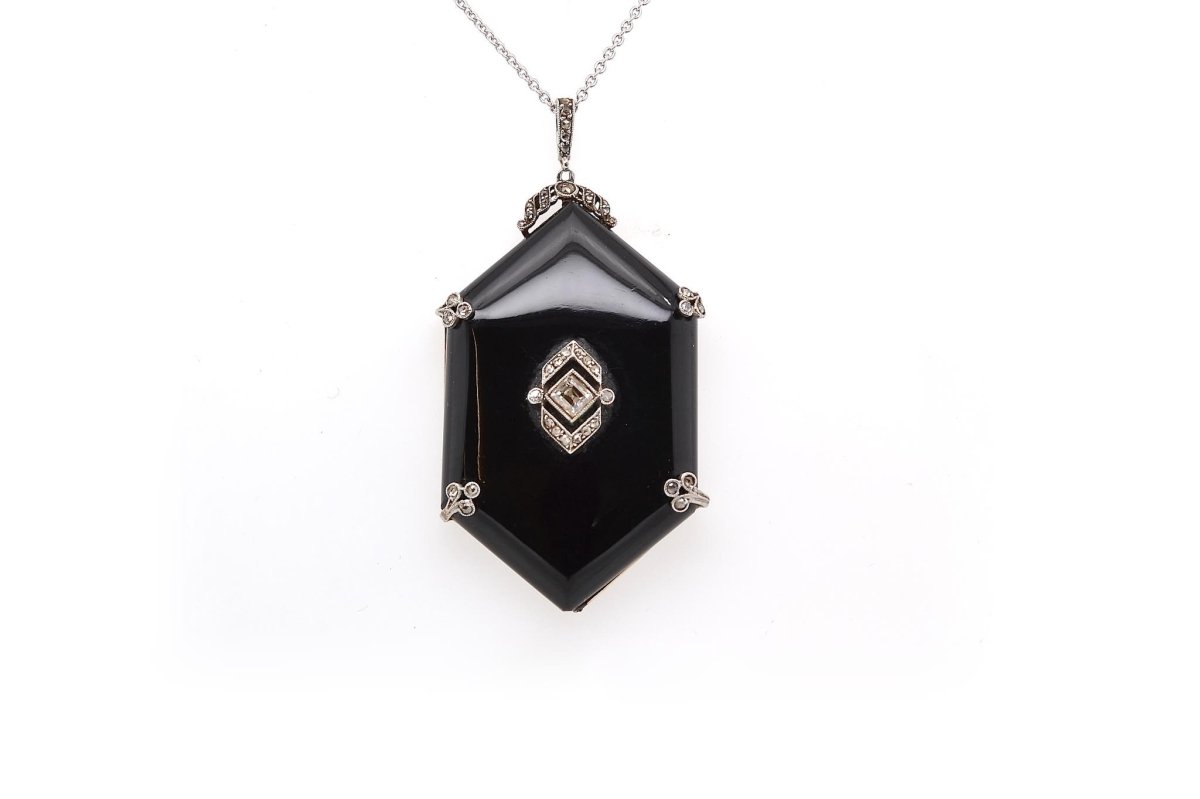 Collier pendentif ancien 1920 onyx et diamants - Castafiore