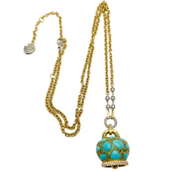 Collier Pendentif CHANTECLER en or blanc, or jaune, tsavorites, turquoises et diamants - Castafiore