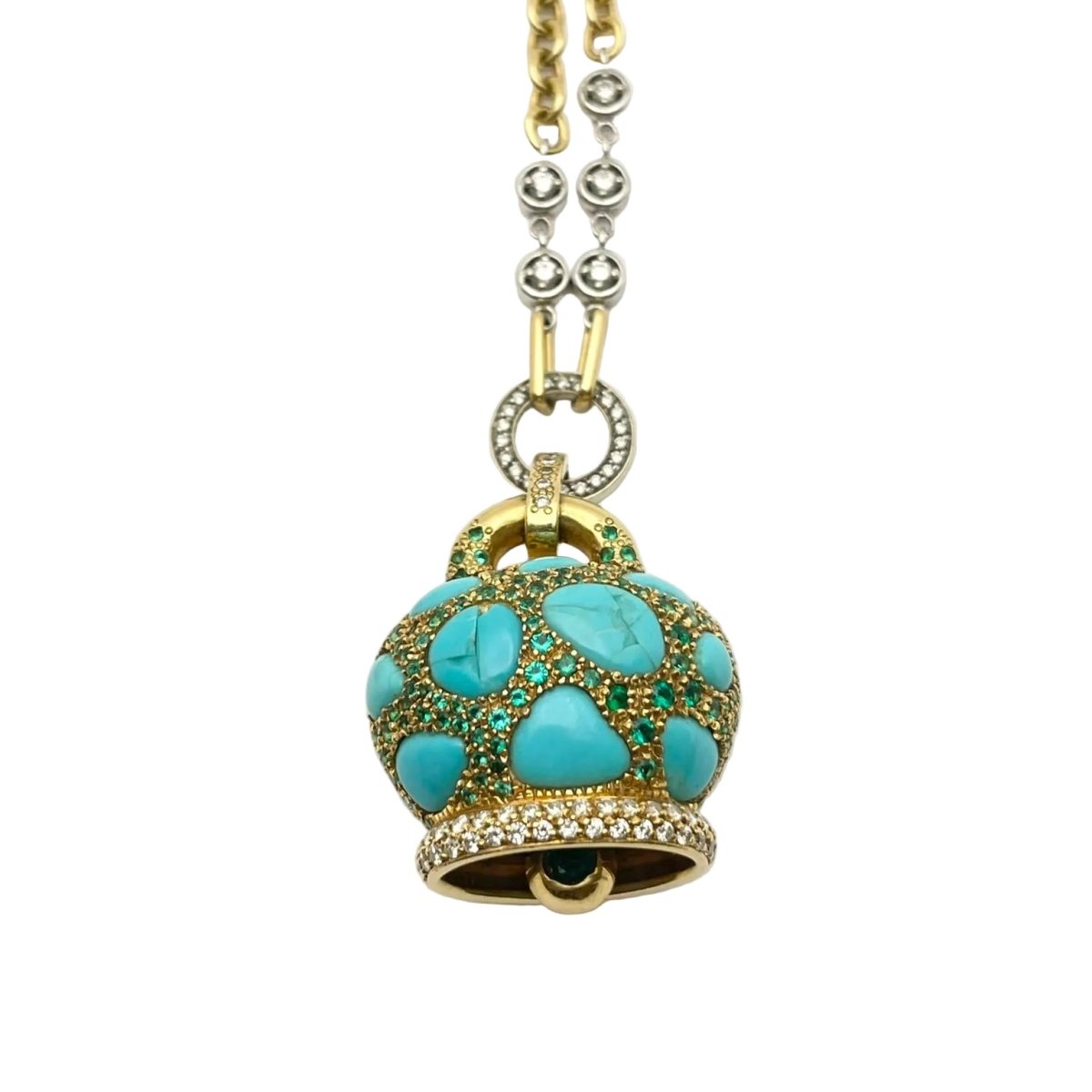 Collier Pendentif CHANTECLER en or blanc, or jaune, tsavorites, turquoises et diamants - Castafiore