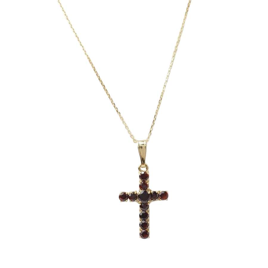 Collier pendentif croix en or jaune et grenats - Castafiore