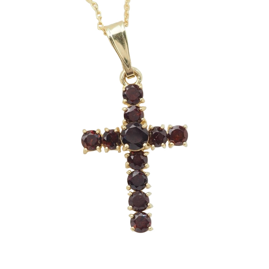 Collier pendentif croix en or jaune et grenats - Castafiore