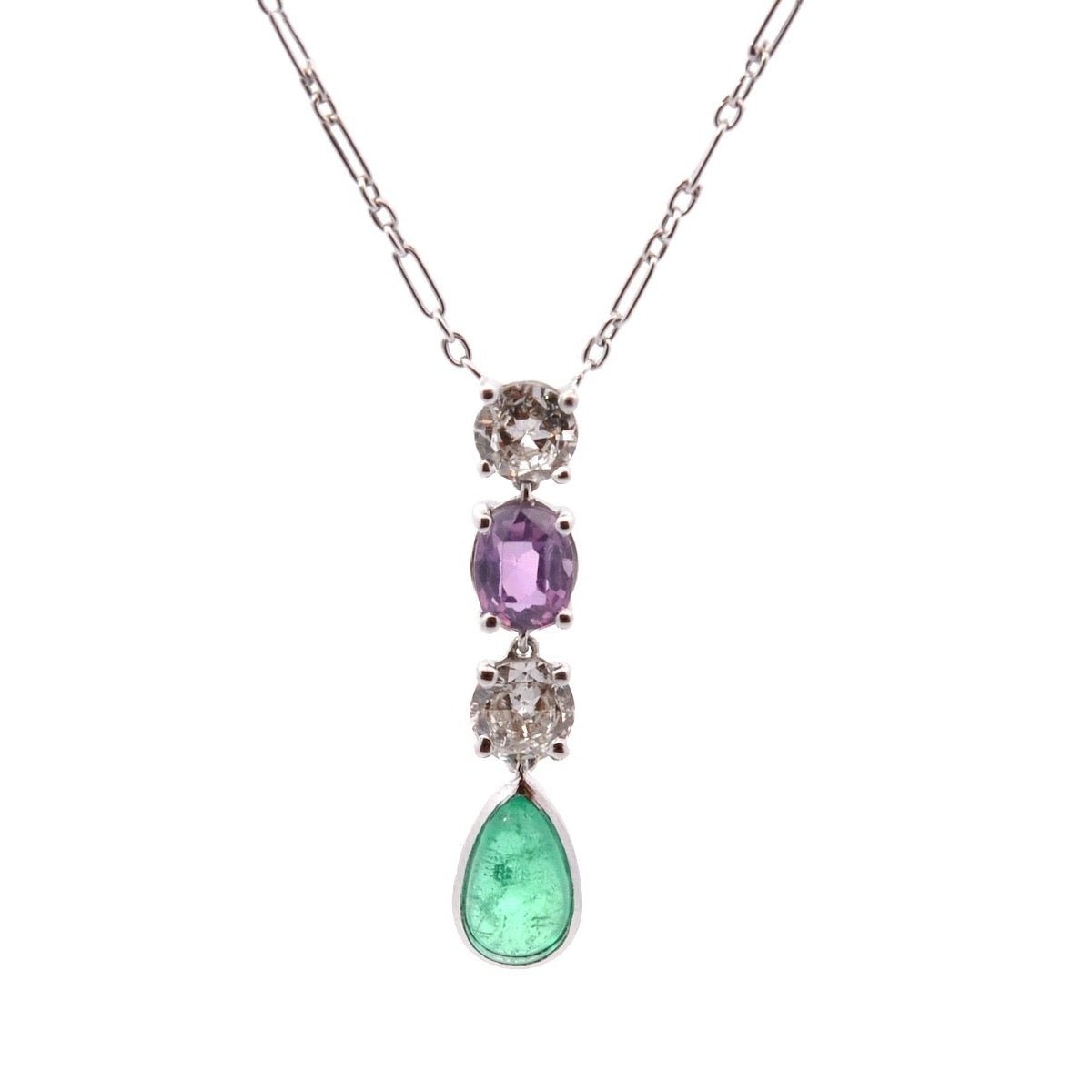 Collier Pendentif en or blanc, émeraude, saphir et diamants - Castafiore