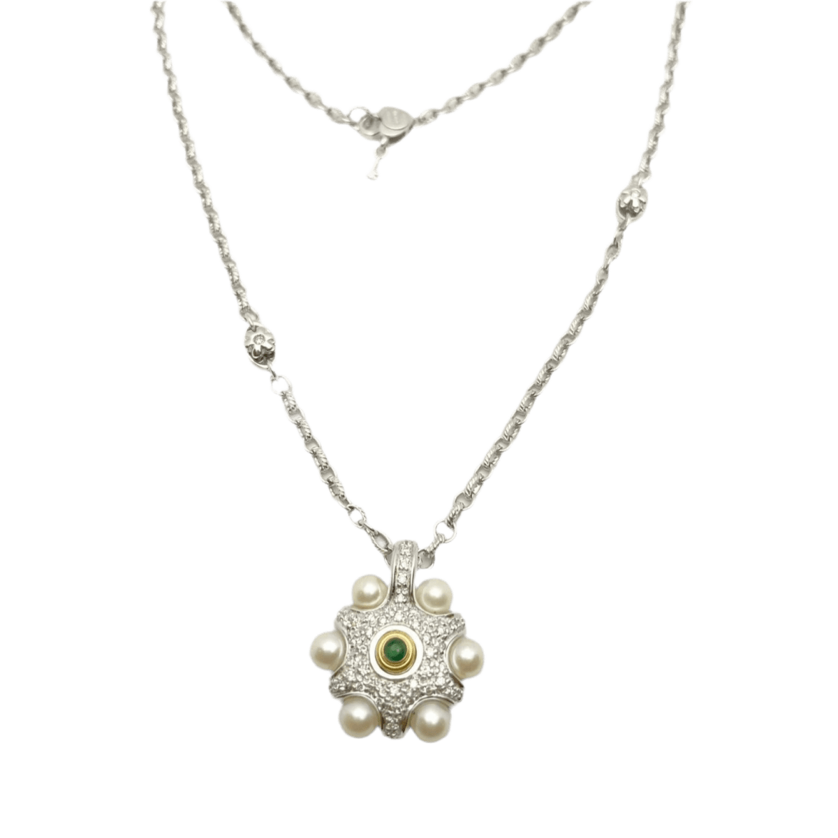 Collier Pendentif en or blanc, or jaune, émeraude, perles et diamants - Castafiore