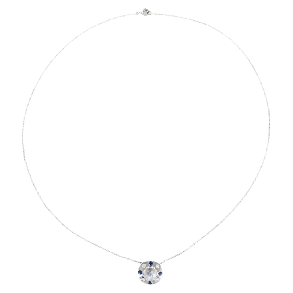 Collier Pendentif en or blanc, pierre de lune, saphirs et diamants - Castafiore