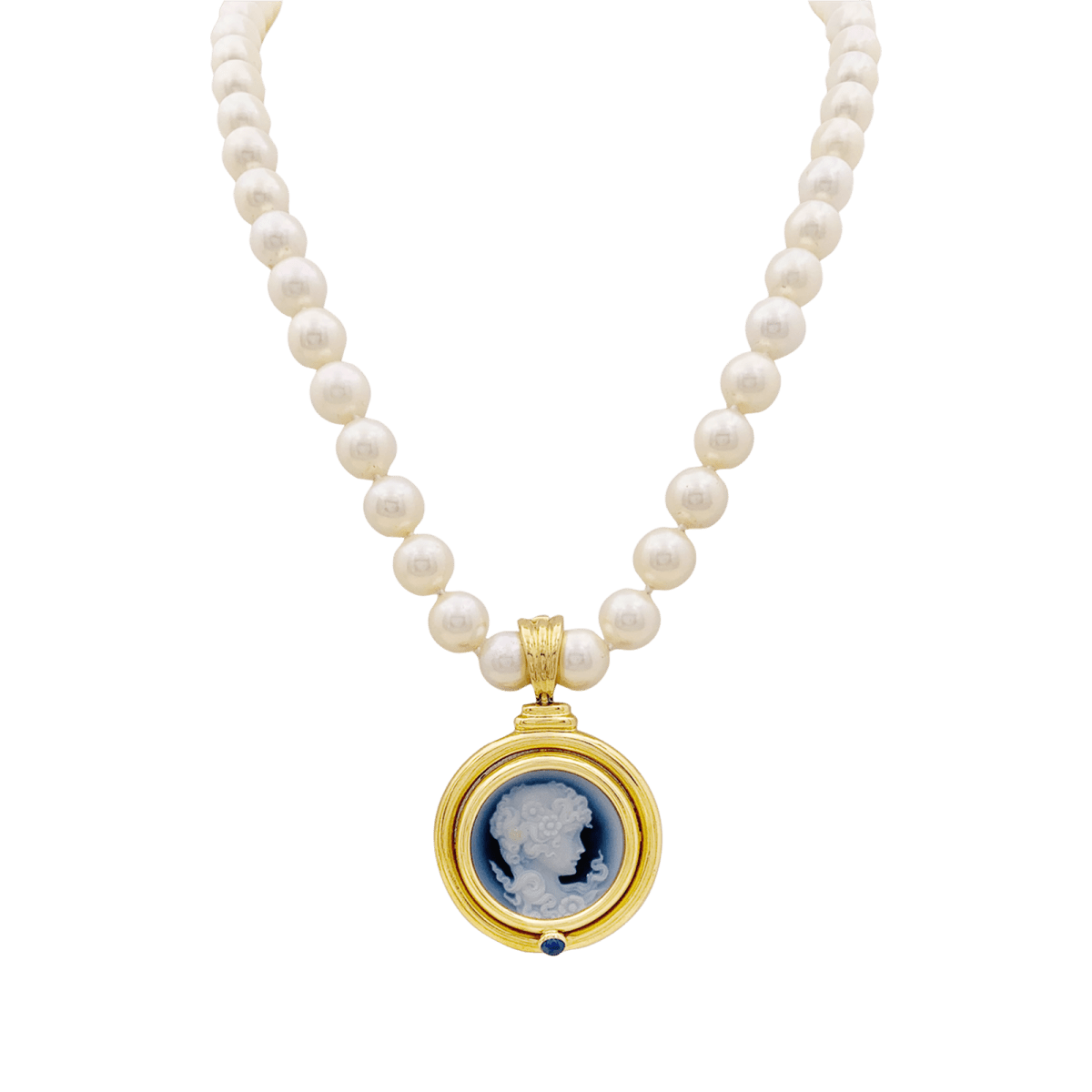 Collier Pendentif en or jaune, camée, onyx, perles et saphir - Castafiore