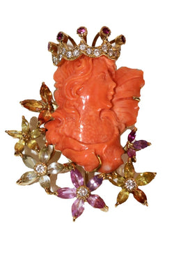 Collier Pendentif en or jaune, corail et diamants - Castafiore