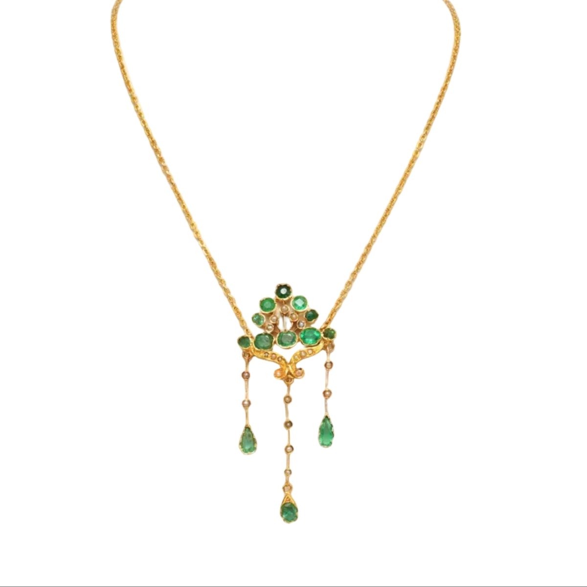 Collier Pendentif en or jaune, émeraudes et perles - Castafiore