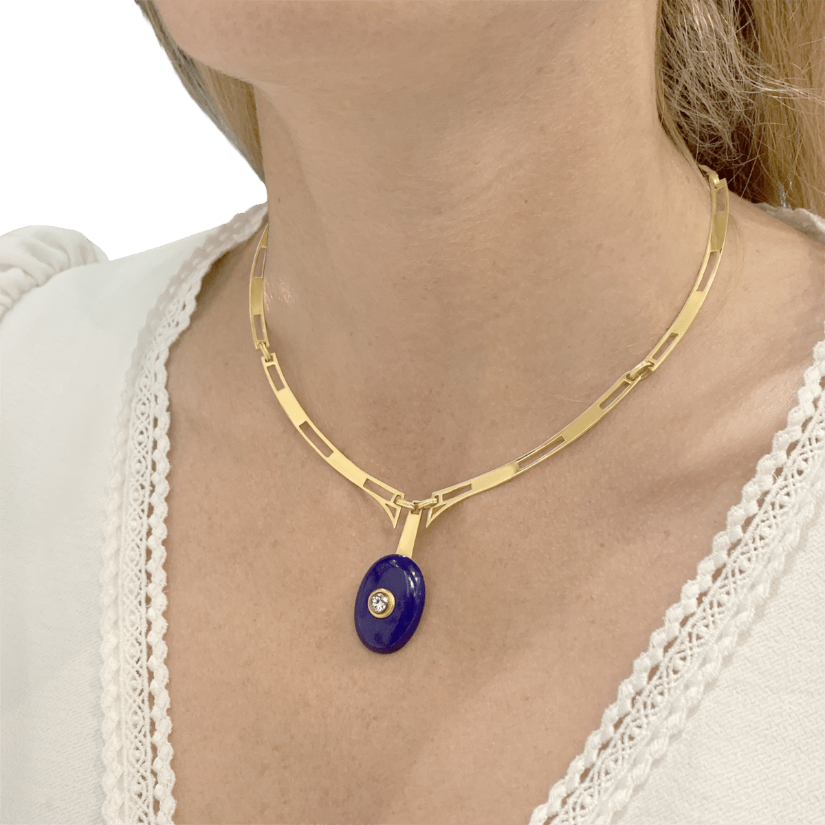 Collier Pendentif en or jaune, lapis-lazuli et diamant - Castafiore