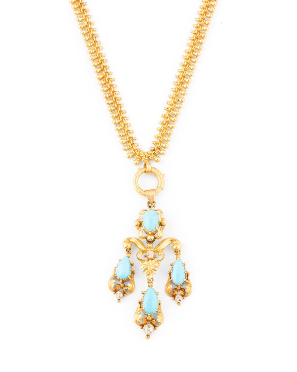 Collier Pendentif en or jaune, turquoise, et diamants - Castafiore