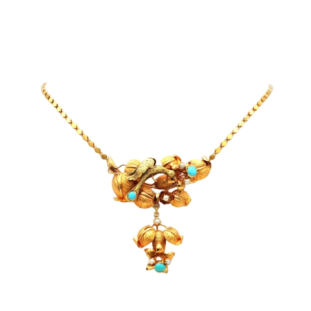 Collier Pendentif en or jaune, turquoises et perles - Castafiore