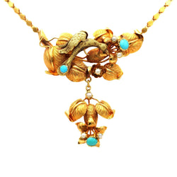 Collier Pendentif en or jaune, turquoises et perles - Castafiore