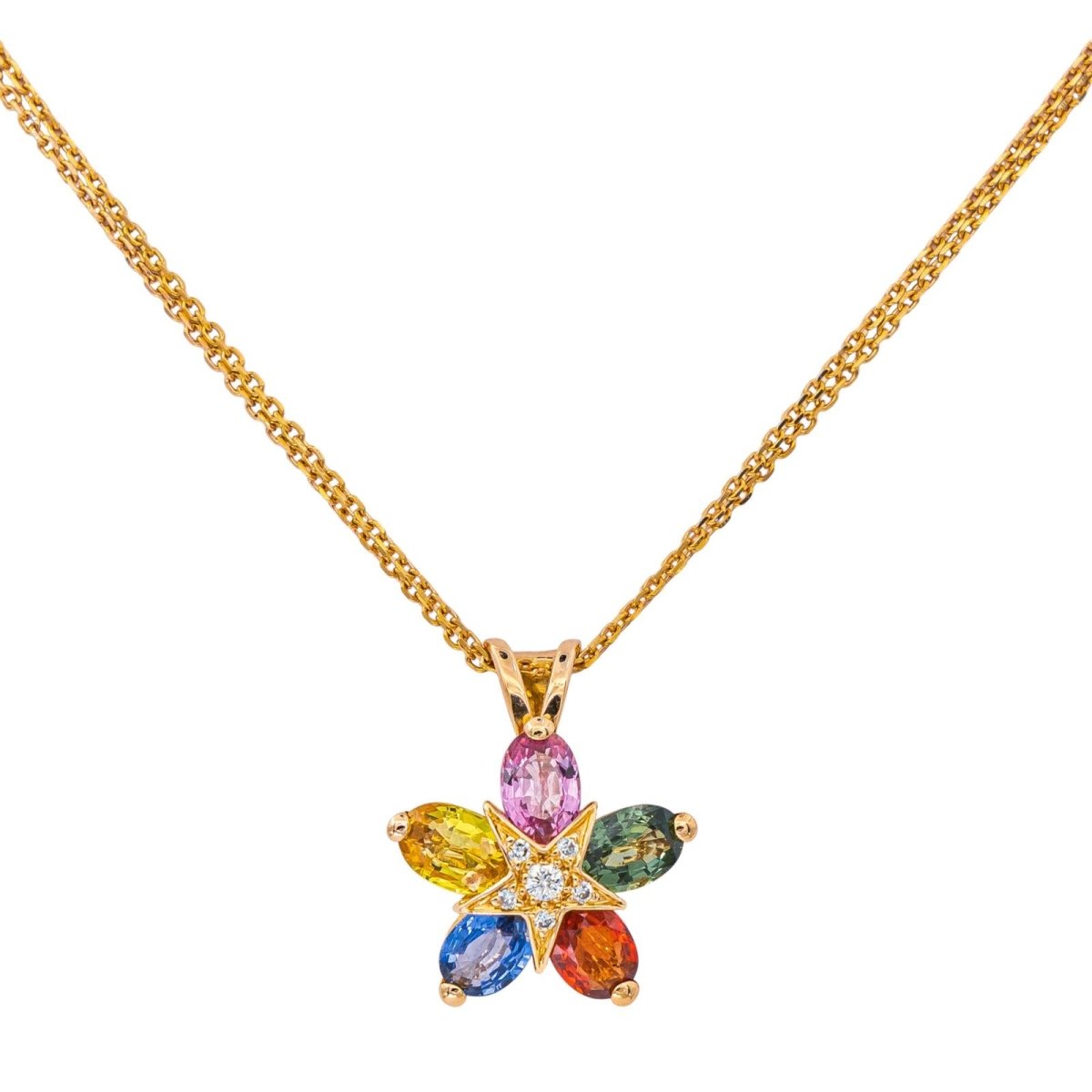 Collier Pendentif en or rose, saphirs, rubis et diamants - Castafiore