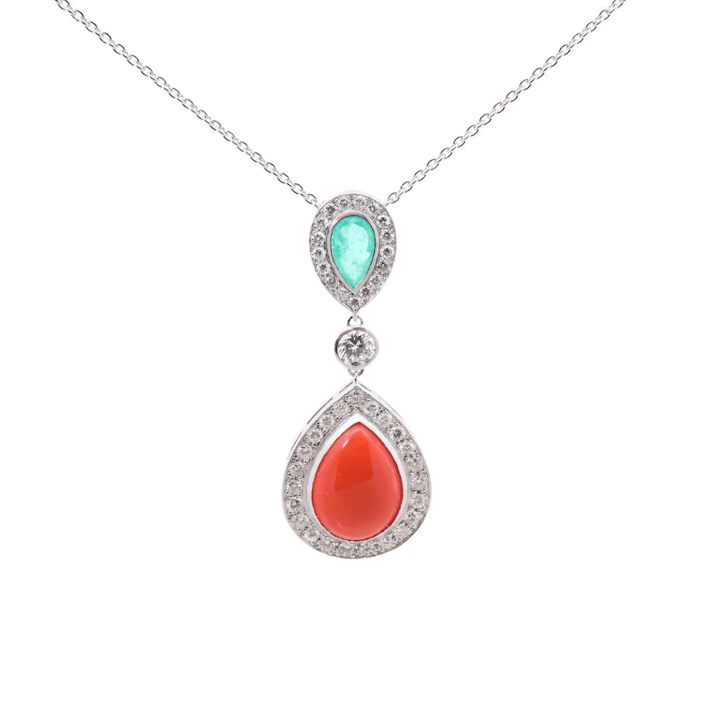 Collier Pendentif en platine, corail, émeraude et diamants - Castafiore