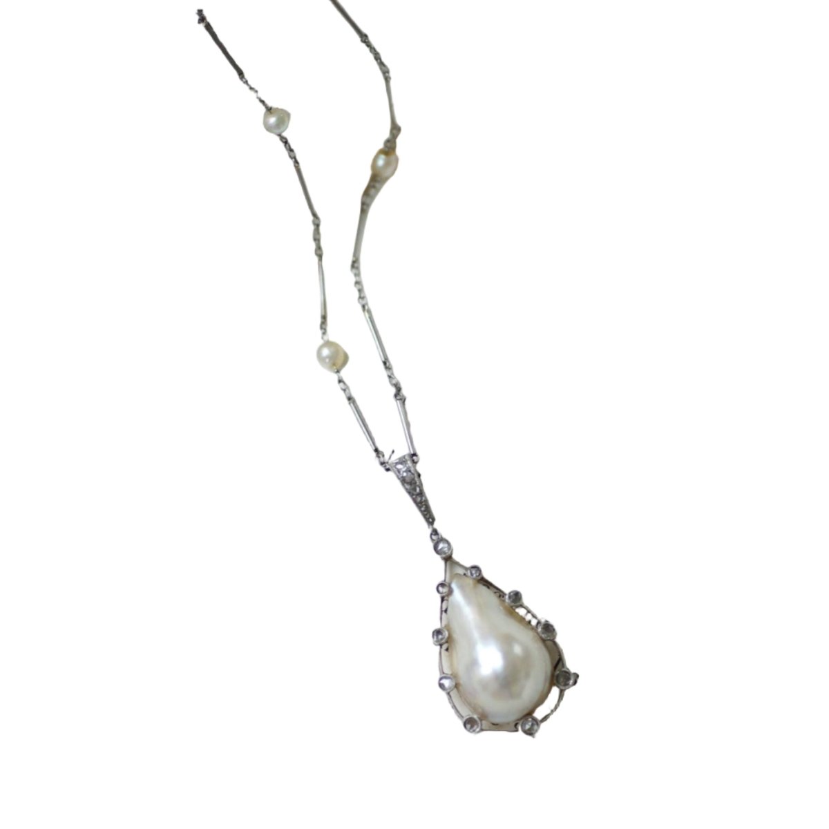 Collier Pendentif en platine or jaune, perle, et diamants - Castafiore