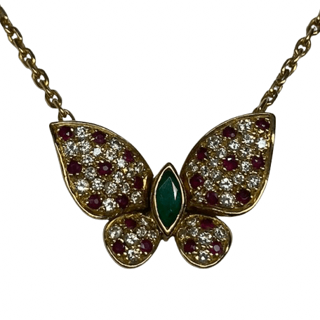 Collier Pendentif FRED "Papillon articulé" en or jaune, rubis, émeraude et diamants - Castafiore