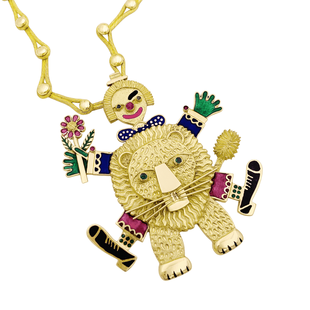 Necklace Henri Hecht Maïk, "The Clown and the Lion", yellow gold, enamel, rubies and emeralds.