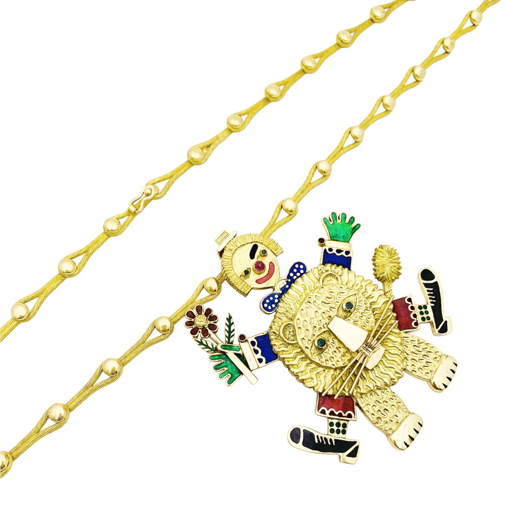 Necklace Henri Hecht Maïk, "The Clown and the Lion", yellow gold, enamel, rubies and emeralds.