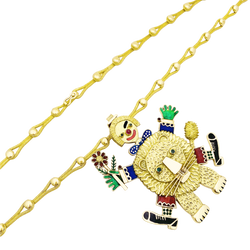 Necklace Henri Hecht Maïk, "The Clown and the Lion", yellow gold, enamel, rubies and emeralds.