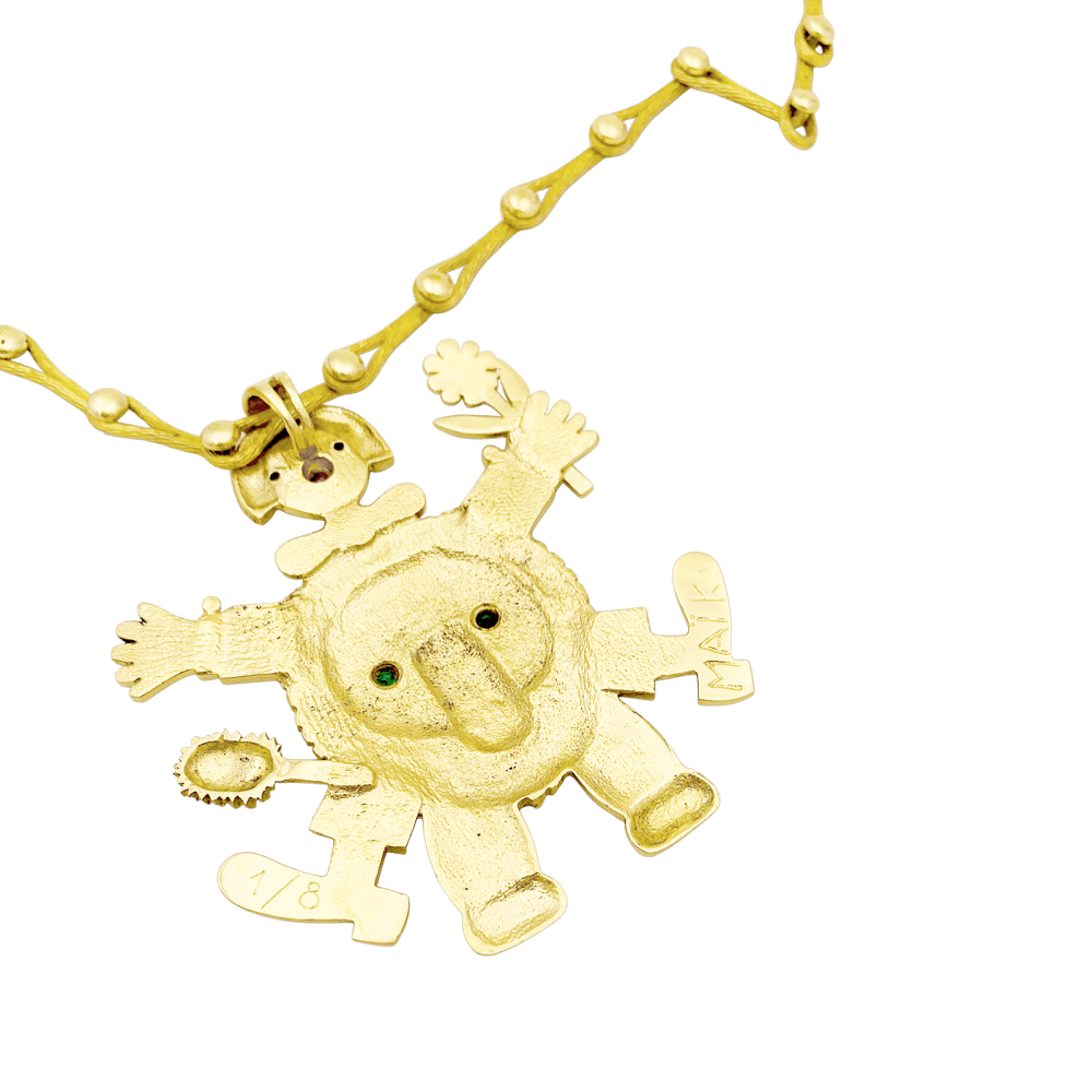 Necklace Henri Hecht Maïk, "The Clown and the Lion", yellow gold, enamel, rubies and emeralds.