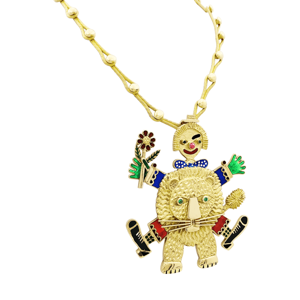 Necklace Henri Hecht Maïk, "The Clown and the Lion", yellow gold, enamel, rubies and emeralds.