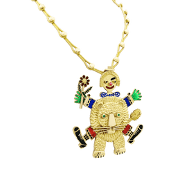 Necklace Henri Hecht Maïk, "The Clown and the Lion", yellow gold, enamel, rubies and emeralds.