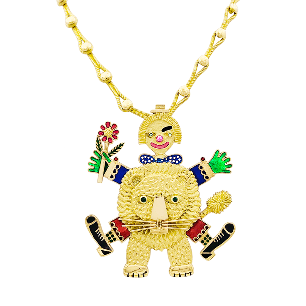 Necklace Henri Hecht Maïk, "The Clown and the Lion", yellow gold, enamel, rubies and emeralds.