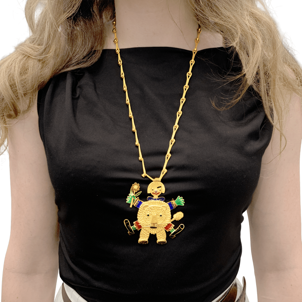 Necklace Henri Hecht Maïk, "The Clown and the Lion", yellow gold, enamel, rubies and emeralds.