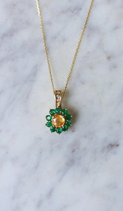 Collier Pendentif Marguerite Saphir Jaune et Emeraudes - Castafiore
