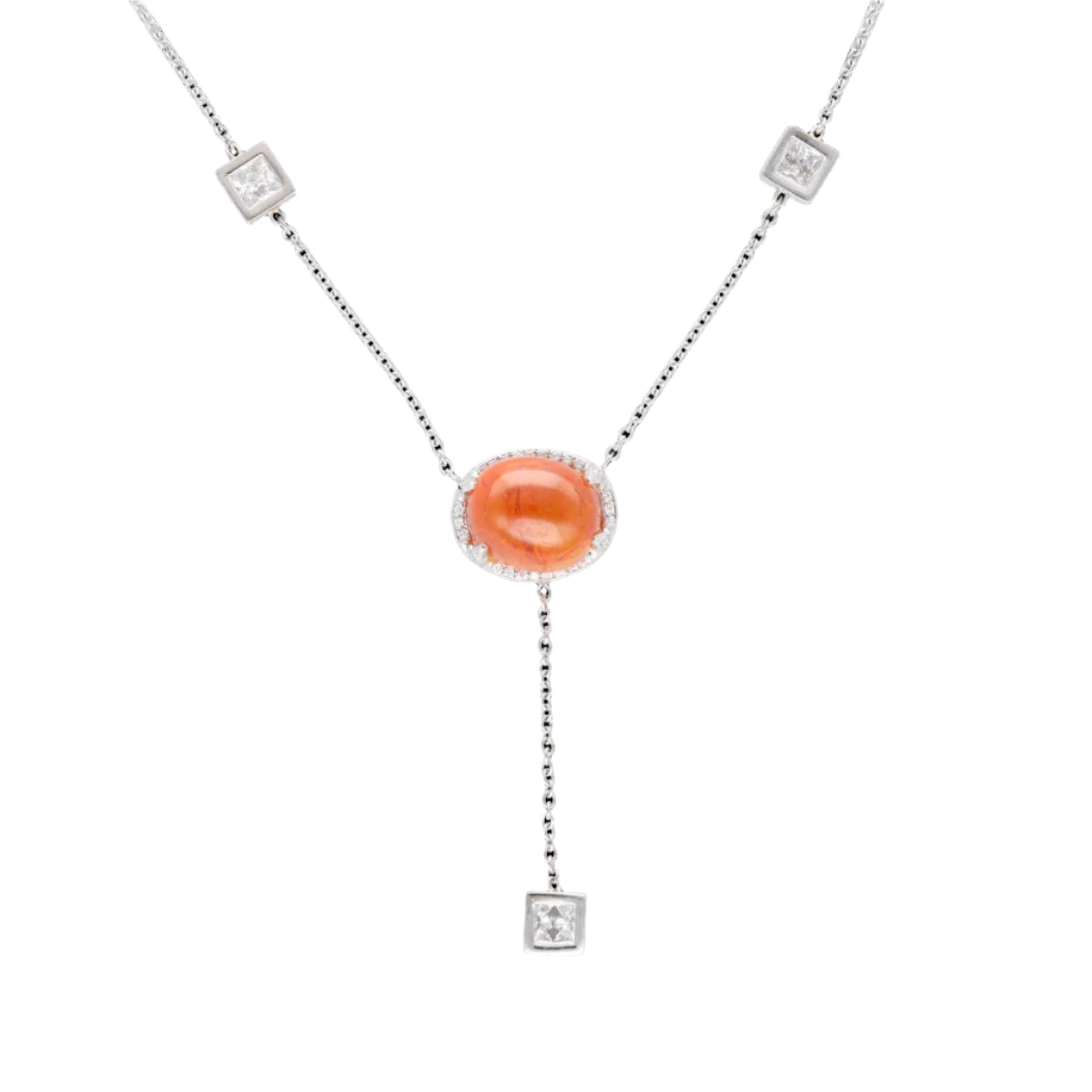 Collier Pendentif or gris 18k avec Spessartite cabochon et Diamants princesses et brillants. - Castafiore