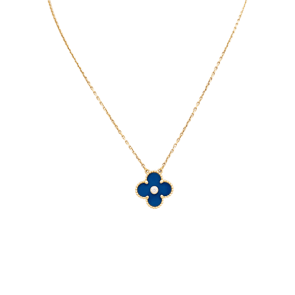 Collier Pendentif VAN CLEEF & ARPELS "Alhambra" en or jaune, porcelaine et diamant - Castafiore