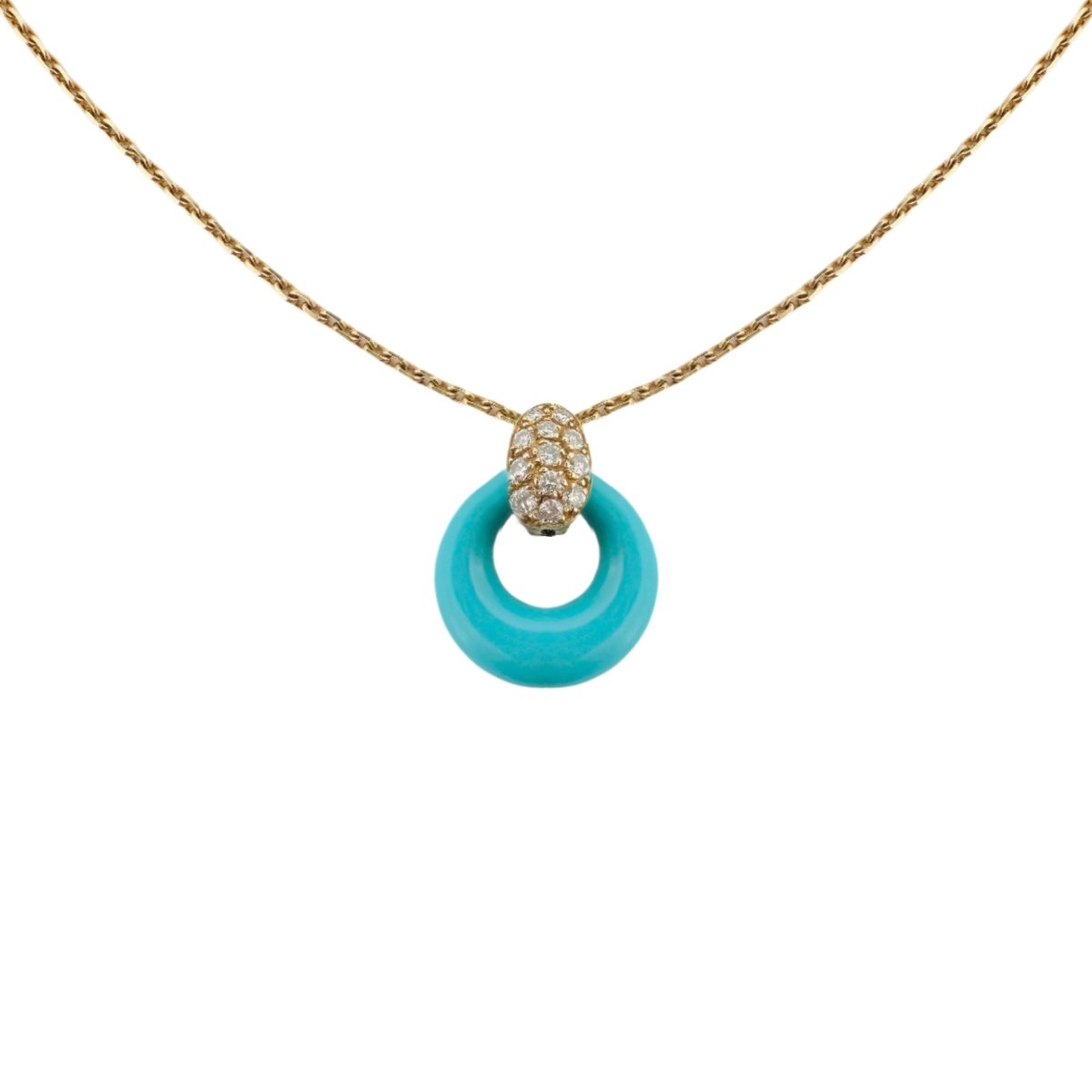 Collier Pendentif VAN CLEEF & ARPELS en or jaune, turquoise, nacre et diamants - Castafiore