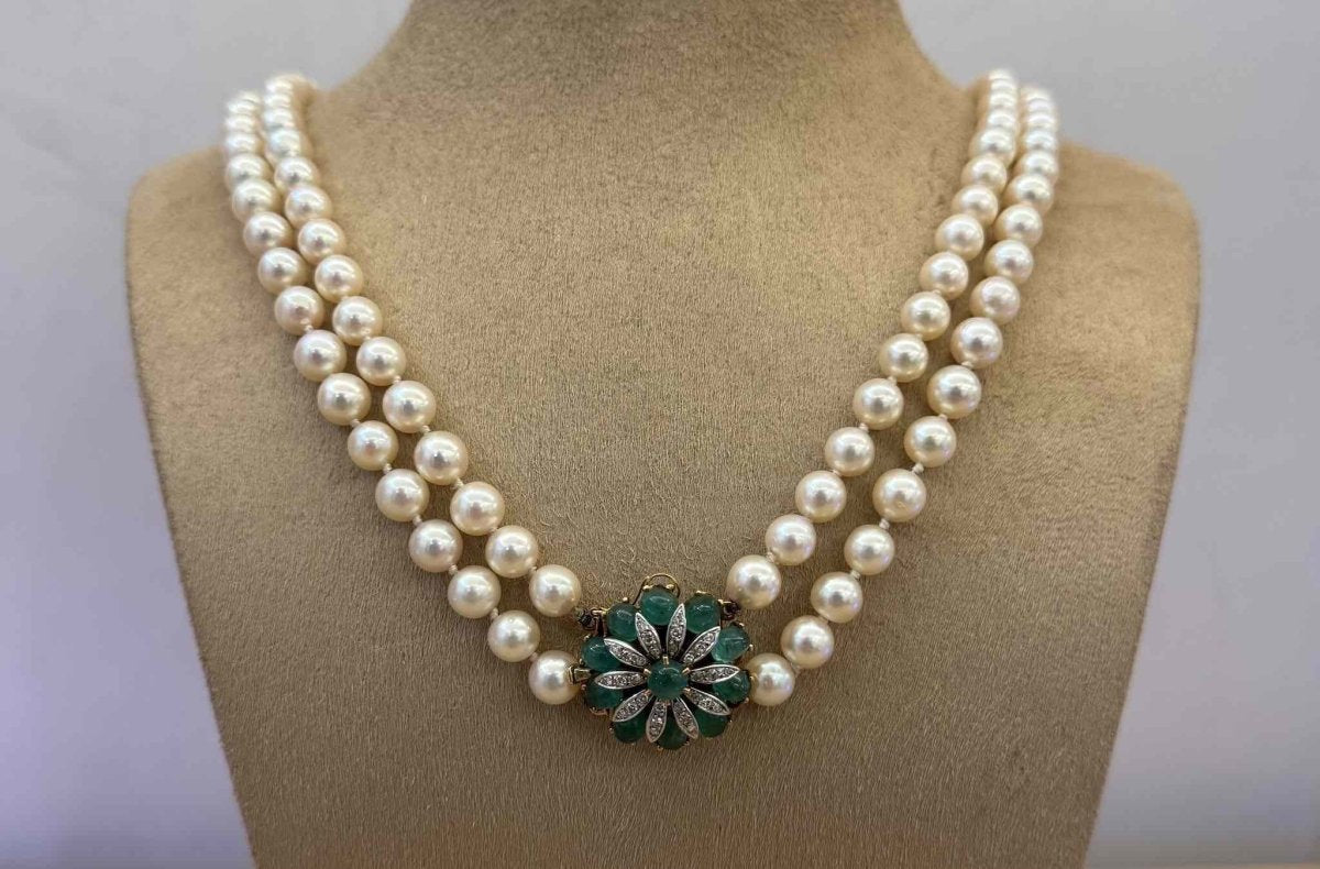 Collier perles de culture, émeraudes et diamants - Castafiore