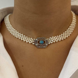 Collier perles de culture et motif art déco diamants - Castafiore