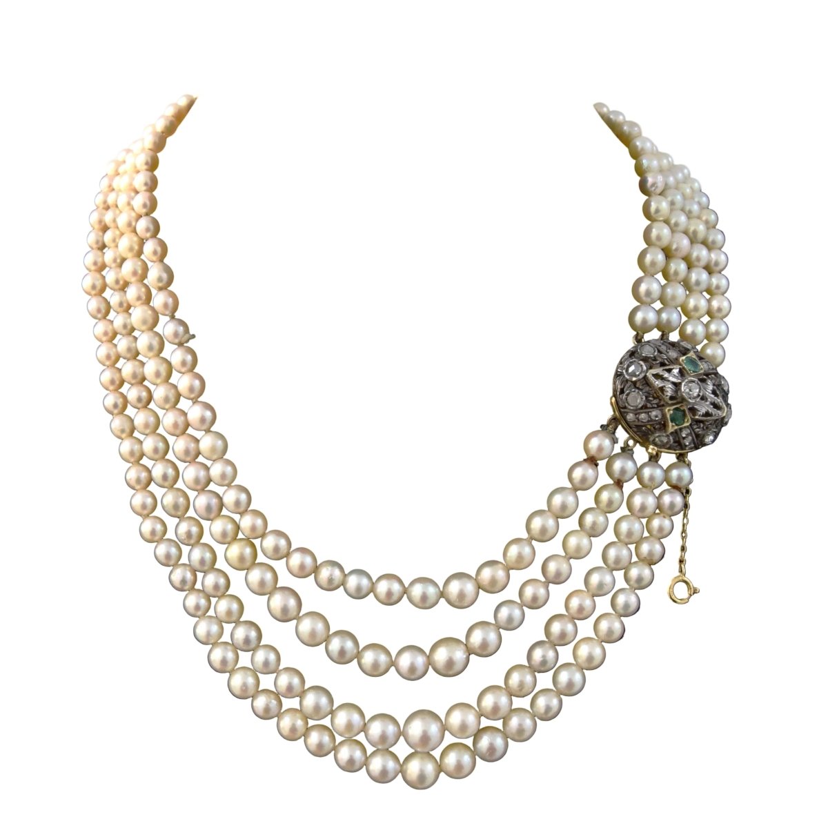 Collier Perles en or jaune, argent et émeraudes - Castafiore